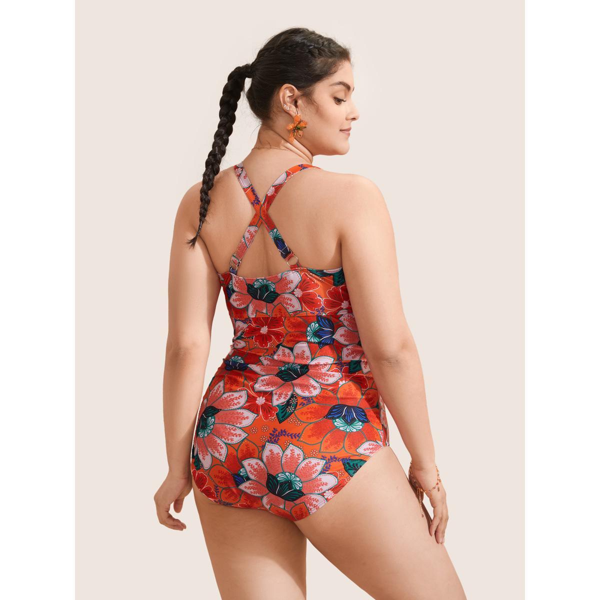 Plus Size Floral Ruched Crisscross Buckle Detail One Piece Swimsuit Women's Swimwear Multicolor Beach Gathered Curve Bathing Suits High stretch One Pieces BloomChic 12/L Product Image