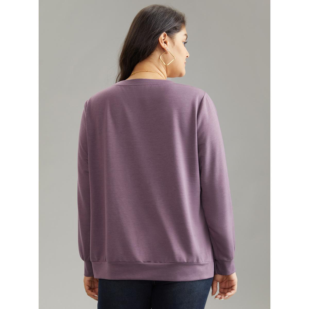 Plus Size Plain Button Detail Round Neck Knit Sweatshirt Women Mauve Casual Plain Round Neck Everyday Sweatshirts BloomChic 12/L Product Image
