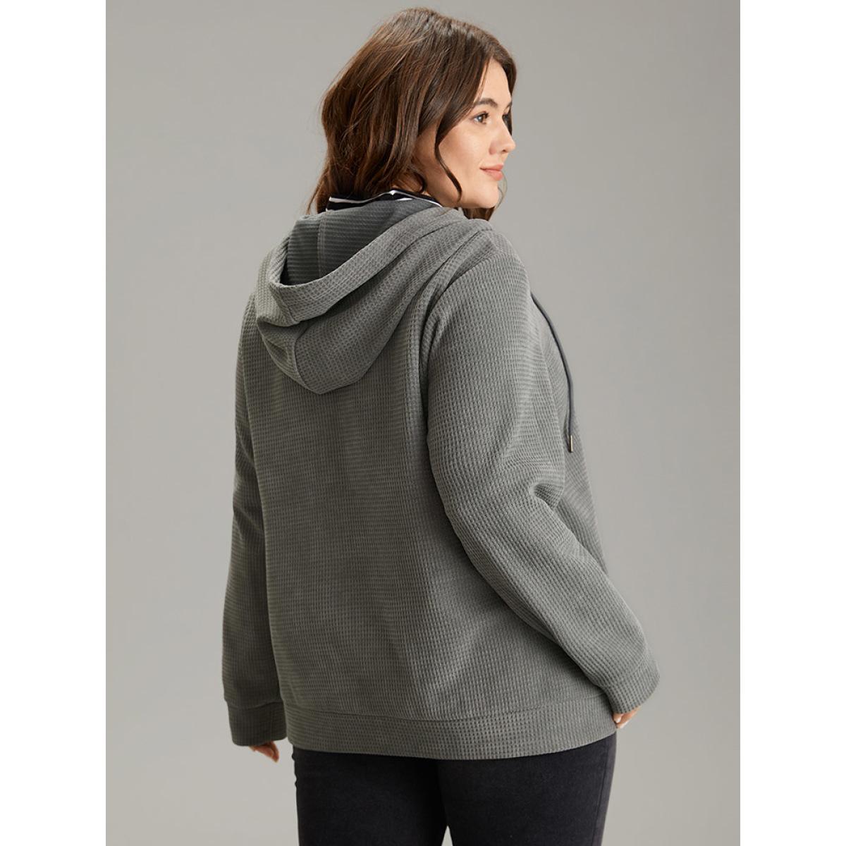 Plus Size Waffle Knit Plain Hooded Pocket Thick Sweatshirt Women DimGray Casual Waffle Knit Hooded Dailywear Sweatshirts BloomChic 14-16/1X Product Image