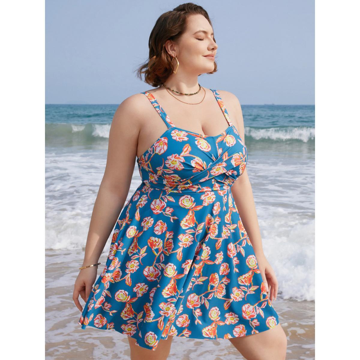 Plus Size Floral Contrast Crossover Front Ruffles Adjustable Straps Swim Dress Women's Swimwear Blue Vacation Bodycon High stretch Curve Swim Dresses BloomChic 22-24/3X Product Image
