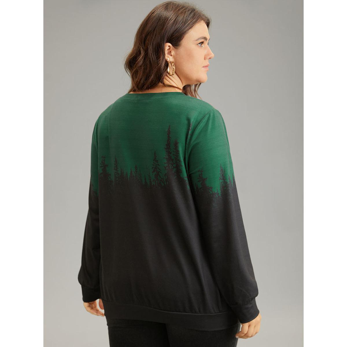 Plus Size Ombre Forest Contrast Crew Neck Sweatshirt Women DarkGreen Casual Printed Round Neck Dailywear Sweatshirts BloomChic 14-16/1X Product Image