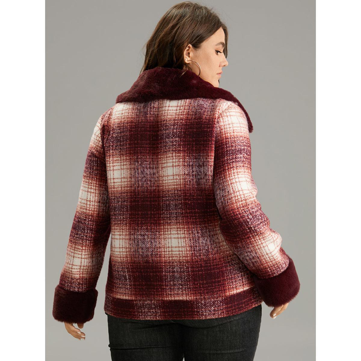 Plus Size Plaid Patchwork Button Through Fuzzy Trim Jacket Women Multicolor Lined Pocket Dailywear Jackets BloomChic 14-16/1X Product Image