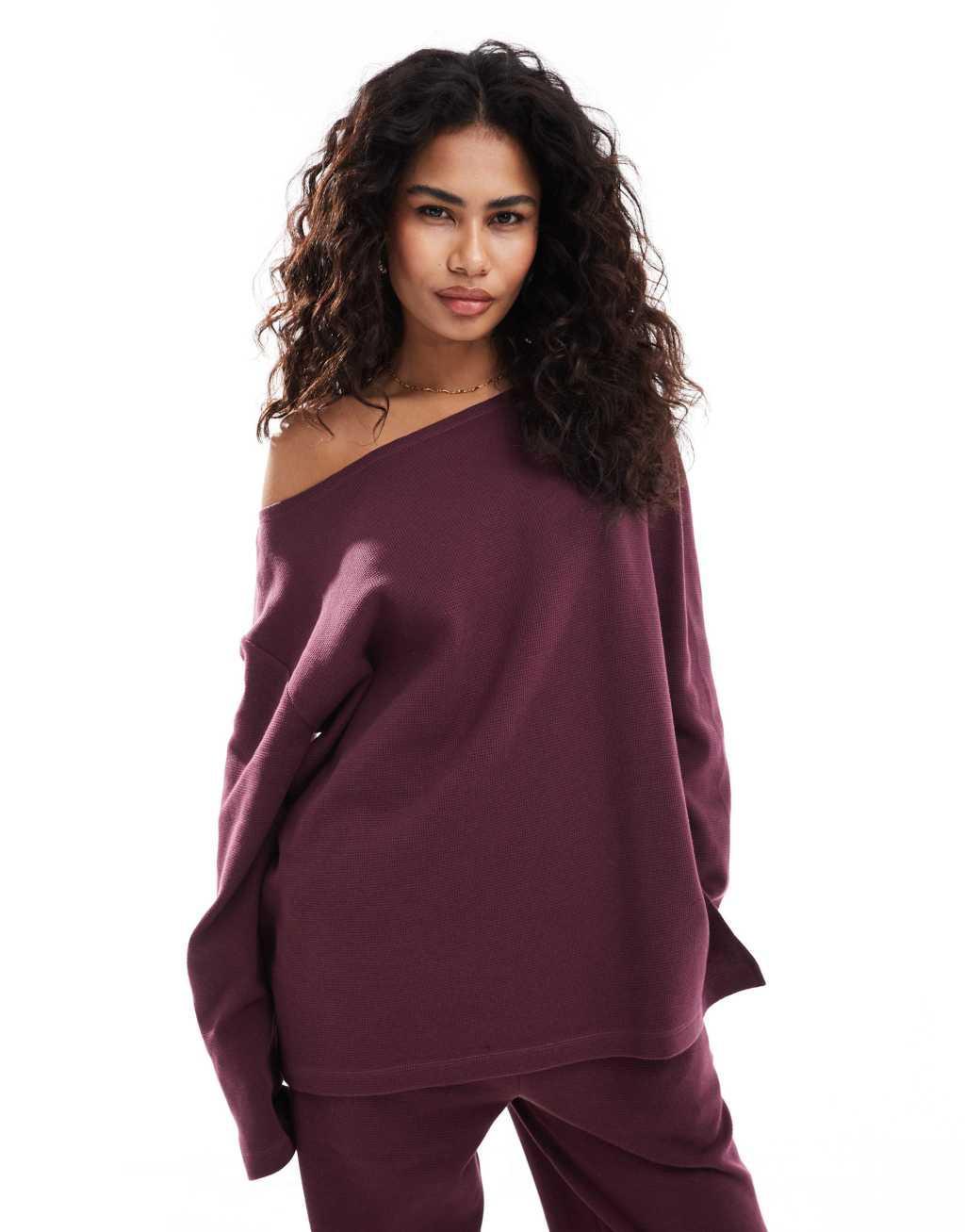 ASOS DESIGN oversized off the shoulder waffle knit top in burgundy - part of a set Product Image