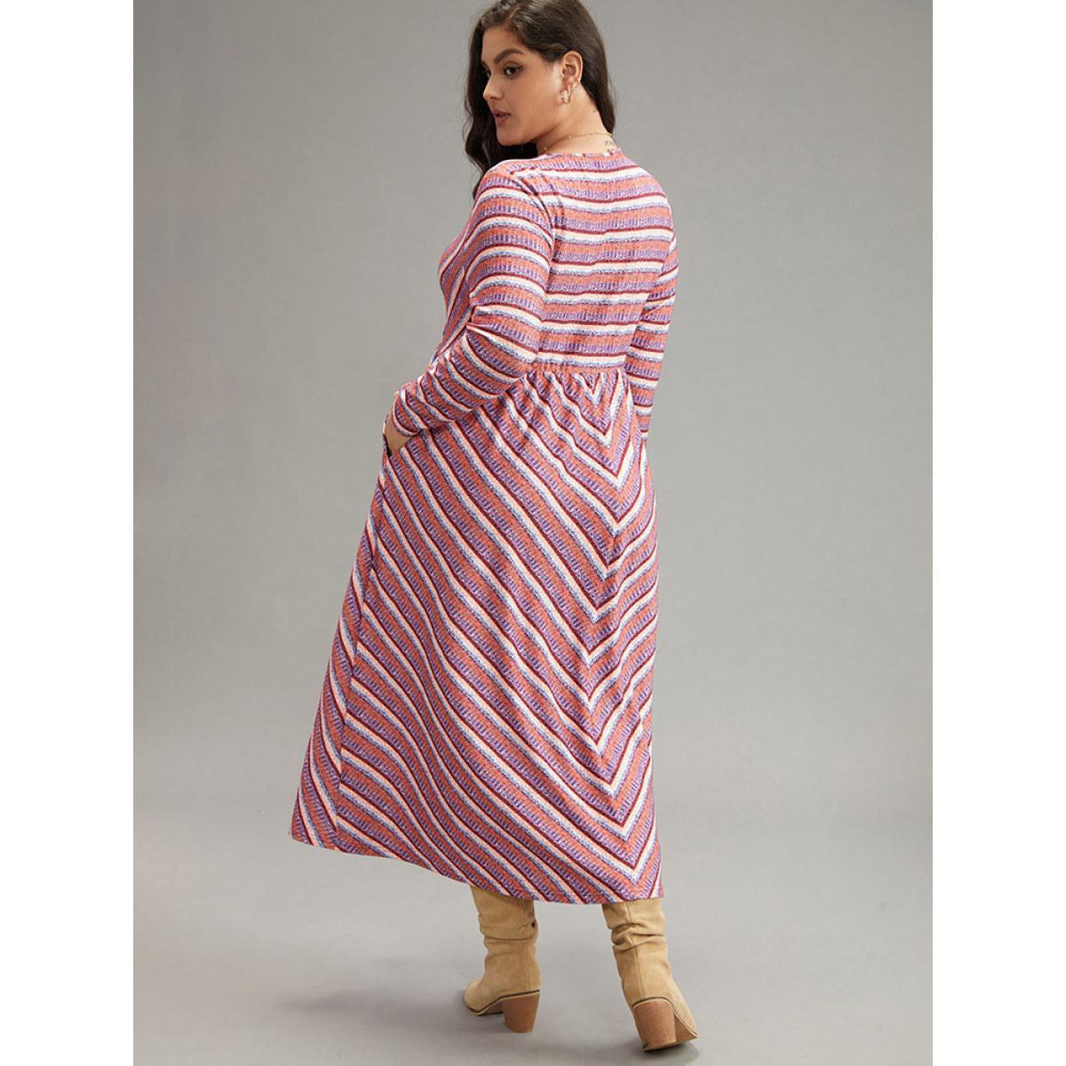 Plus Size Striped Elastic Waist Gathered Dress DustyPink Women Casual Printed V-neck Long Sleeve Curvy Midi Dress BloomChic 12/L Product Image