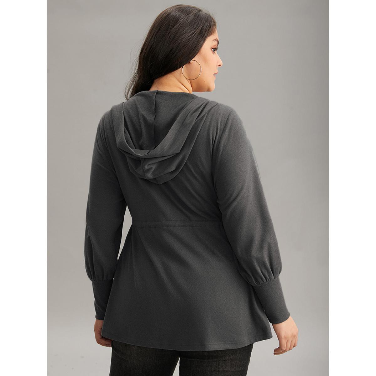 Plus Size Solid Drawstring Hooded Pocket Zipper Sweatshirt Women Gray Casual Plain Hooded Everyday Sweatshirts BloomChic 14-16/1X Product Image