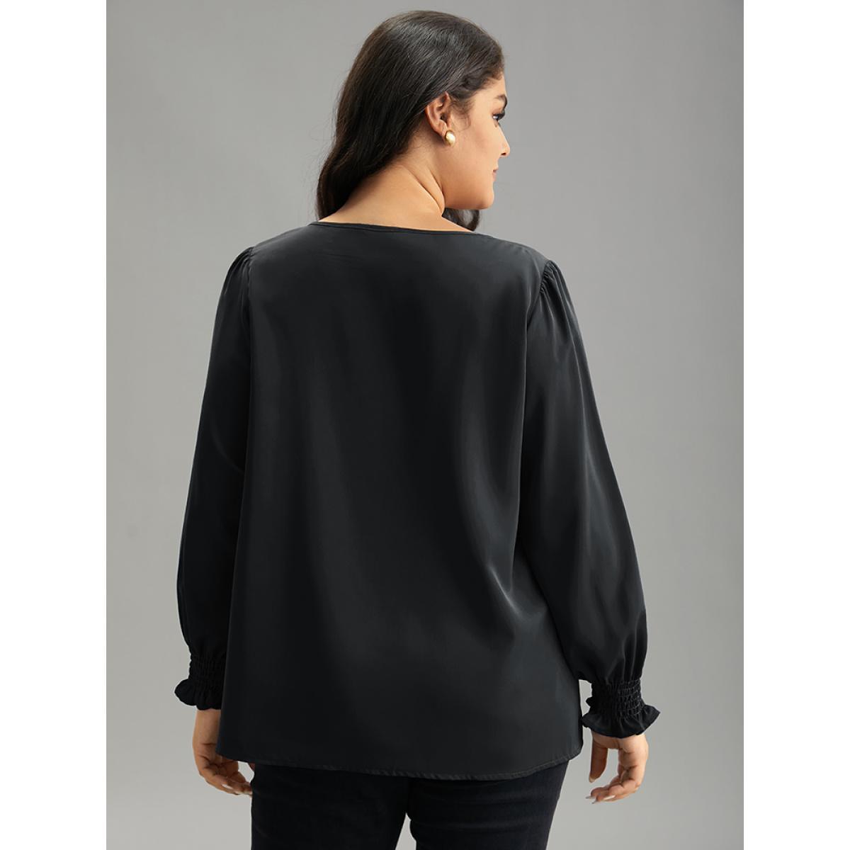 Plus Size Black Static-Free Plain Metal Detail Keyhole Shirred Blouse Women Office Long Sleeve Keyhole Cut-Out Work Blouses BloomChic 30/6X Product Image