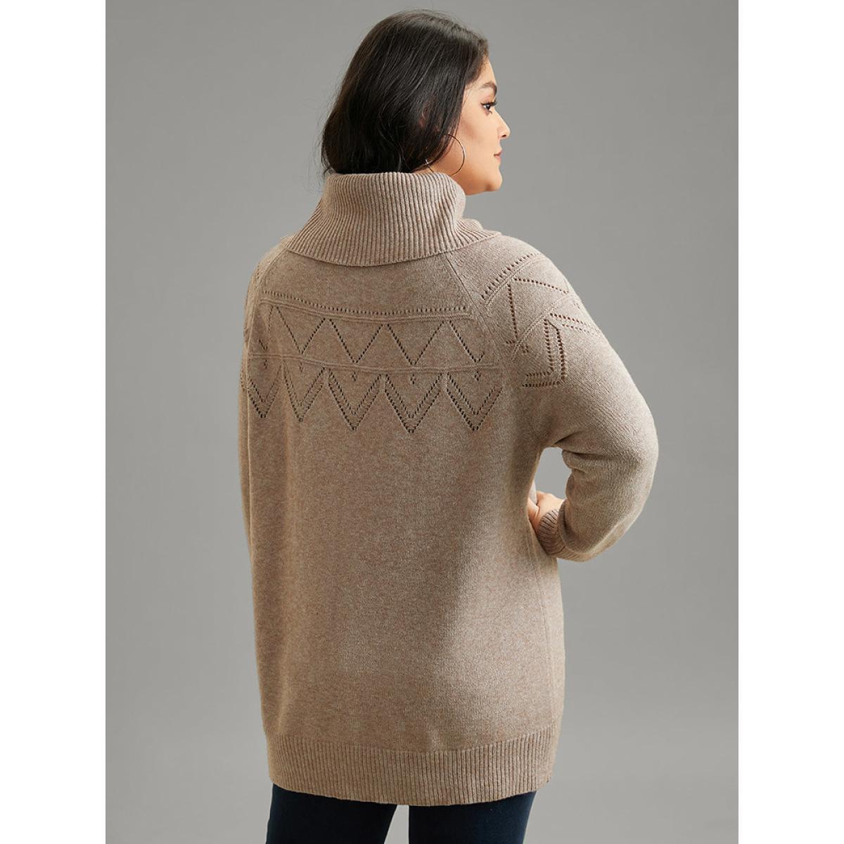 Plus Size Supersoft Essentials Anti-Pilling Turtle Neck Eyelet Pullover LightBrown Women Casual Loose Long Sleeve Turtleneck Dailywear Pullovers BloomChic 30/6X Product Image