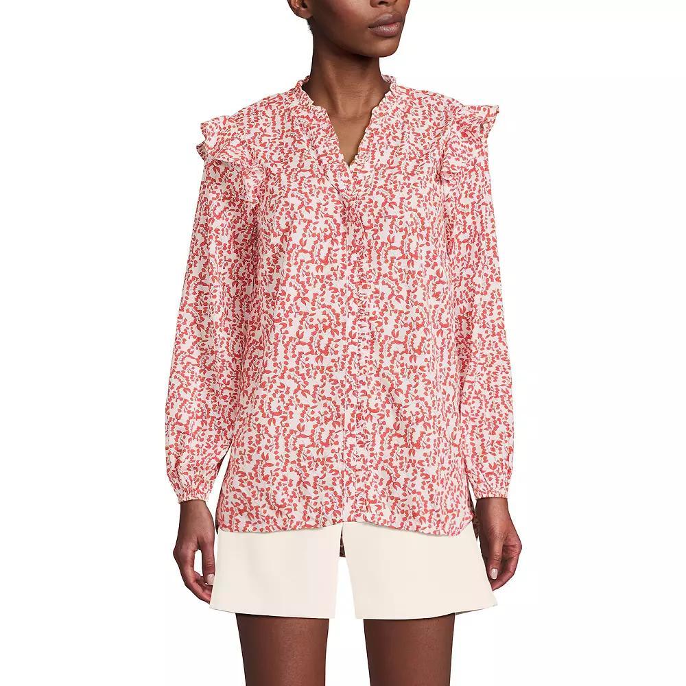 Women's Lands' End Cotton Voile Ruffle Shirt, Size: Medium, Beige Tossed Blooms Product Image