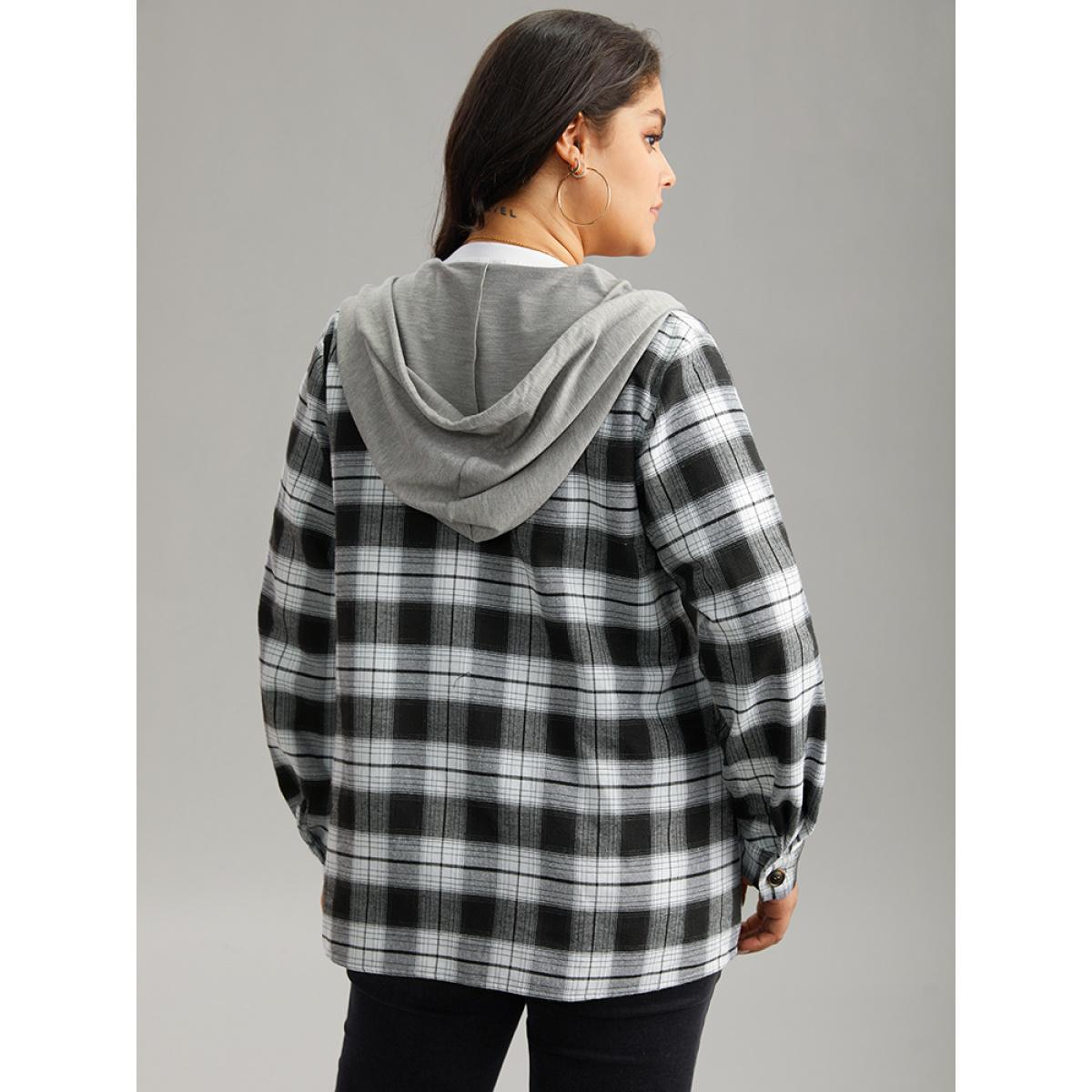 Plus Size Plaid Patchwork Hooded Drawstring Button Through Jacket Women Black Dailywear Jackets BloomChic 22-24/3X Product Image