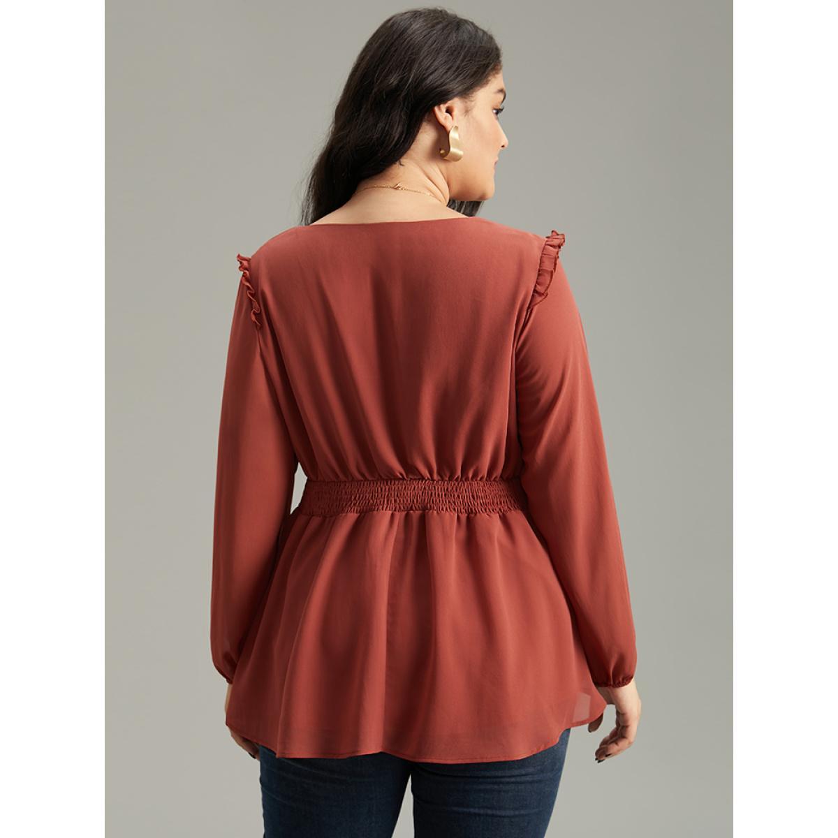 Plus Size Rust Chiffon Lace Up Shirred Frill Trim Blouse Women Office Long Sleeve V-neck Work Blouses BloomChic 12/L Product Image