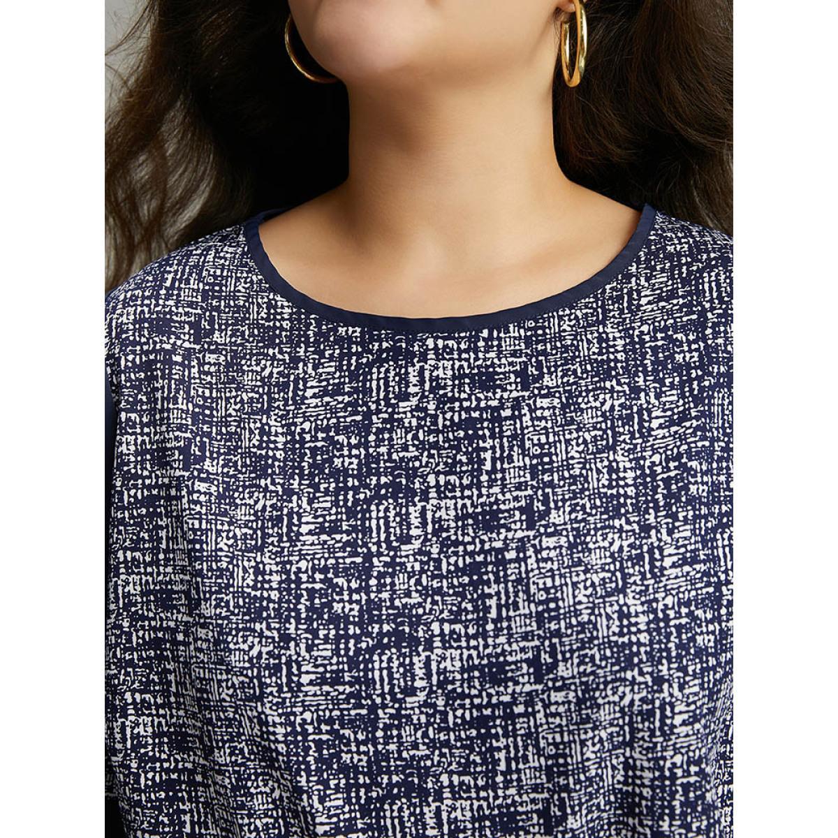 Plus Size DarkBlue Patchwork Crew Neck Ruffle Sleeve Blouse Women Vacation Long Sleeve Round Neck Dailywear Blouses BloomChic 10/M Product Image