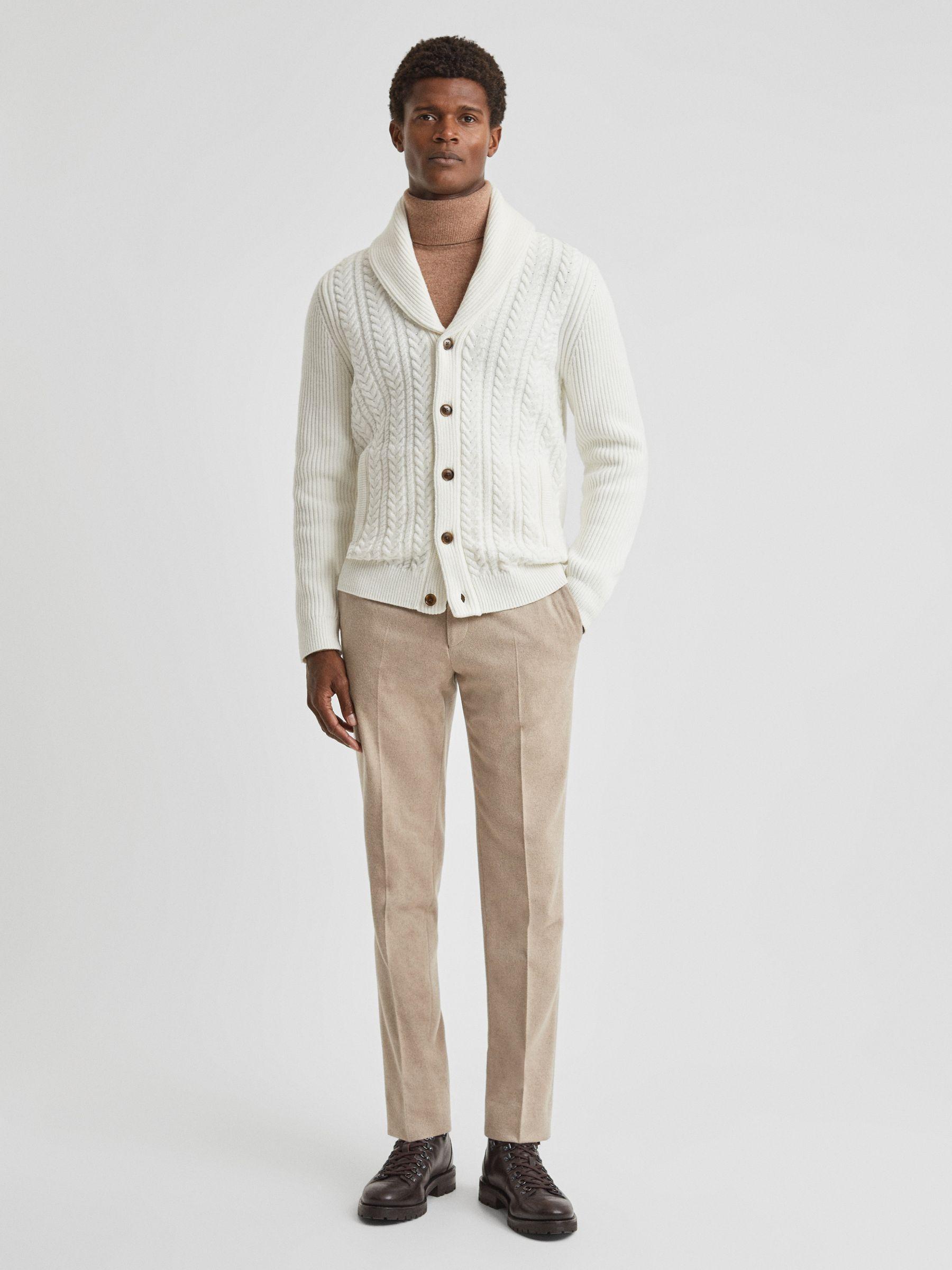 Cotton Blend Cable Knit Cardigan in Ecru Product Image