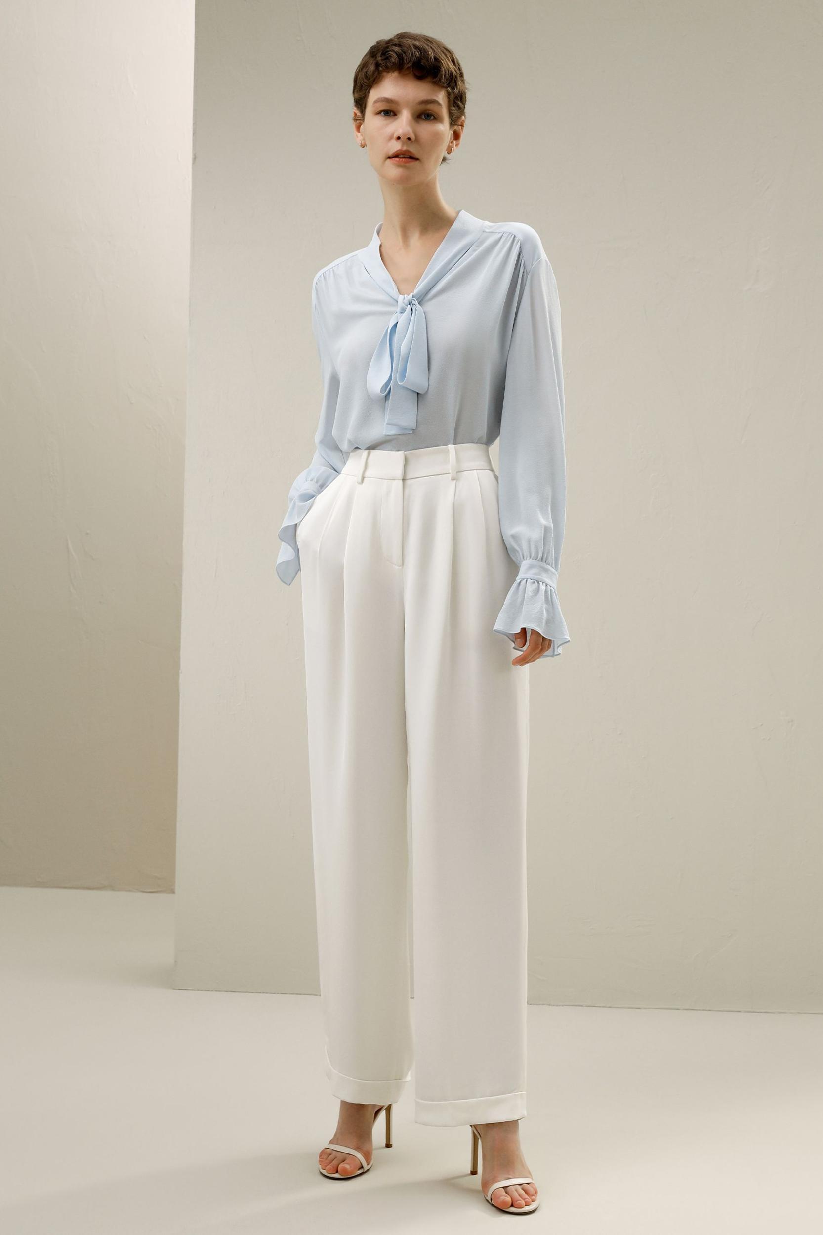 Silk V-neck Ribbon Blouse Product Image