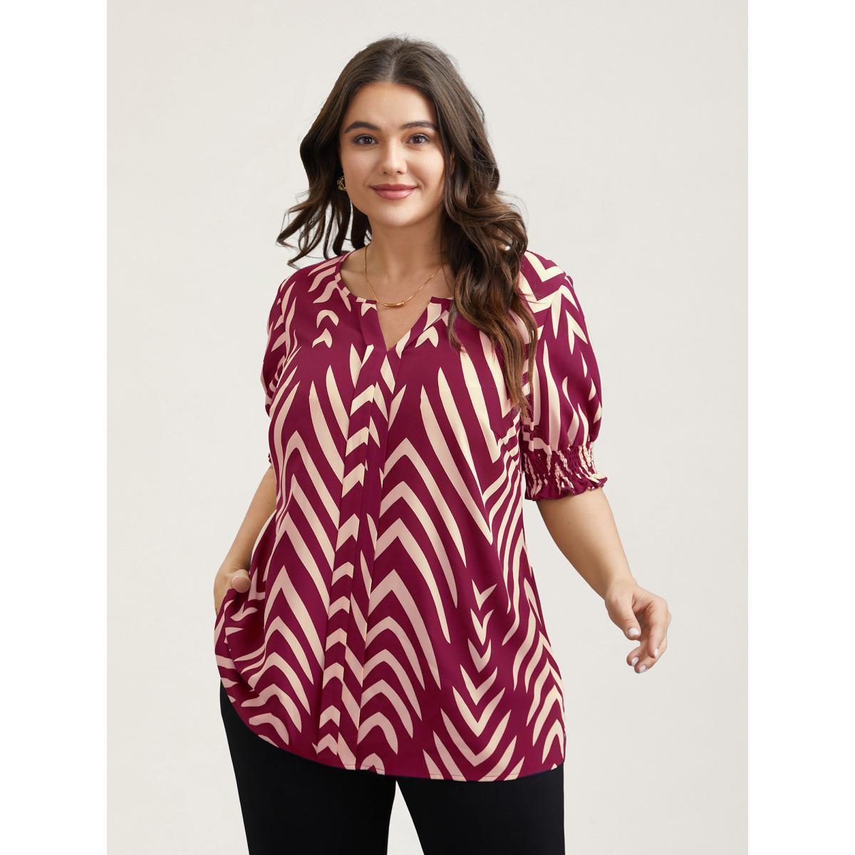Plus Size Black Geometric Print Ruffled Shirred Shirt Women At the Office Half Sleeve Flat collar with V-notch Work Blouses BloomChic 18-20/2X Product Image