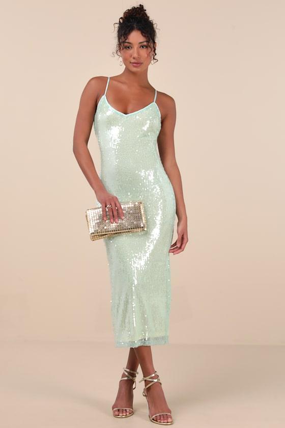 Cahya Mint Green Sequin Tie-Back Midi Dress Product Image