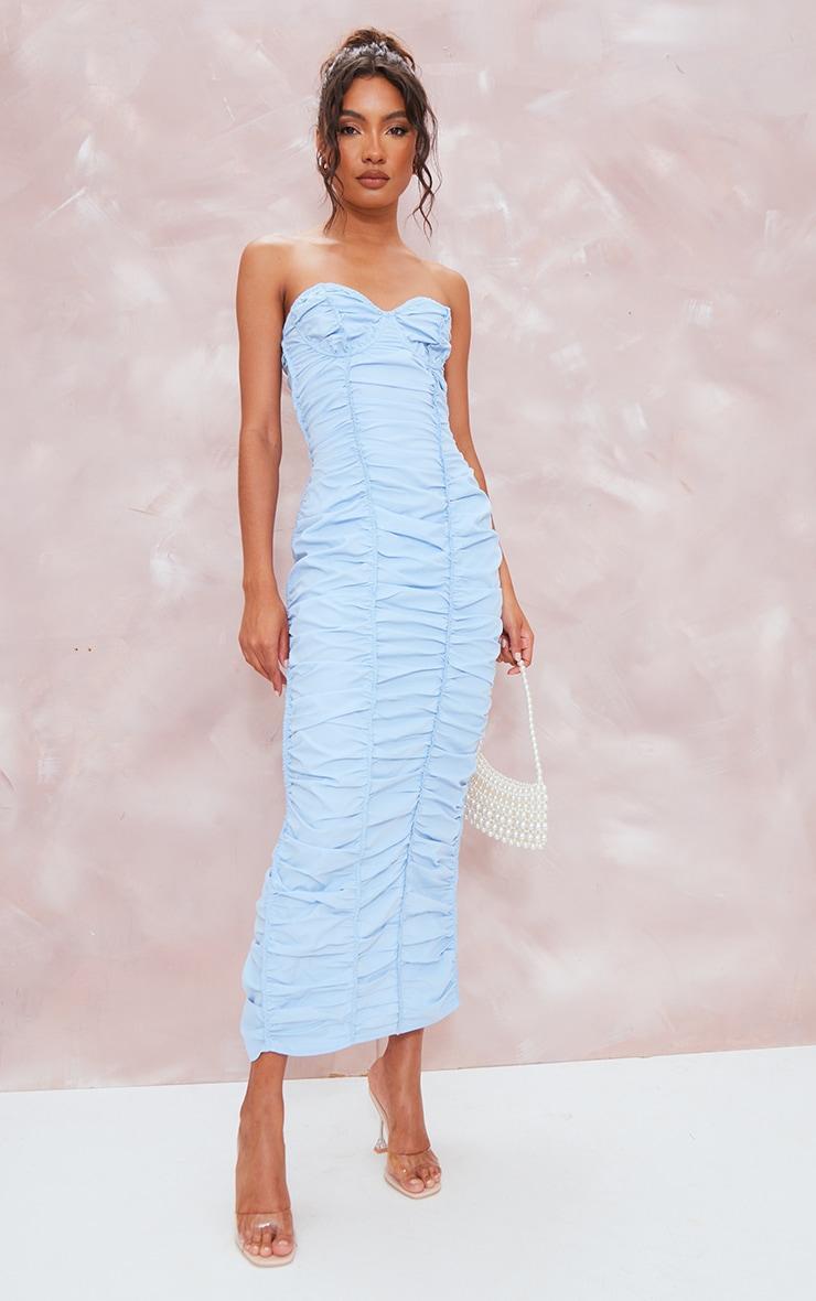 Light Blue Ruched Underwired Strappy Back Midaxi Dress Product Image