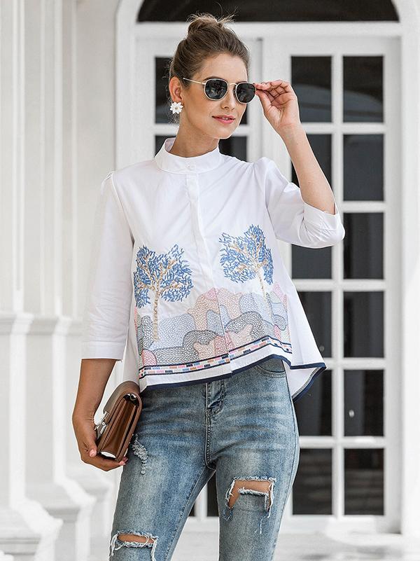 Casual Three-Quarter Sleeves Loose Embroidered Stand Collar Blouses&Shirts Tops Product Image
