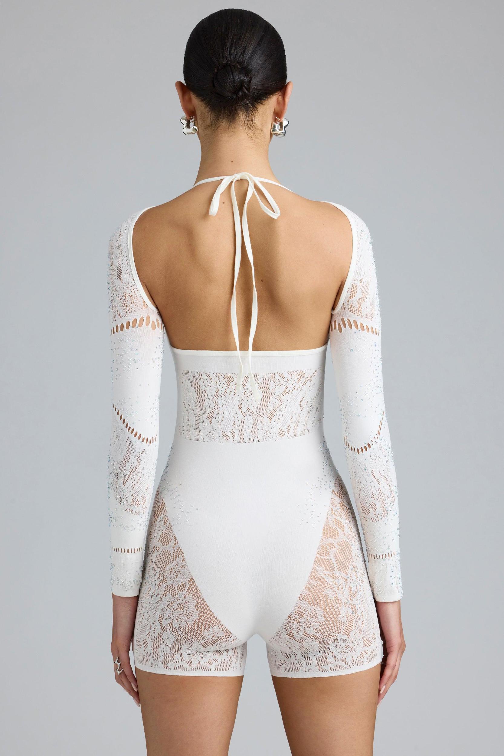 Embellished Cut-Out Unitard in Ivory Product Image
