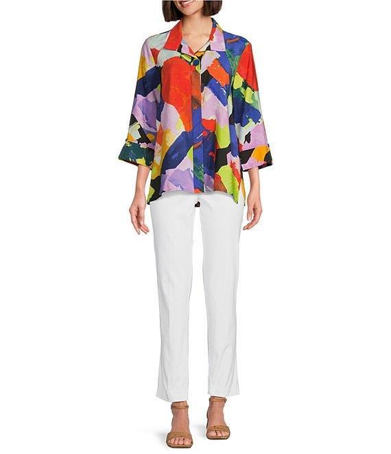 Ali Miles Abstract Print Point Collar 3/4 Sleeve Button-Front Tunic Product Image