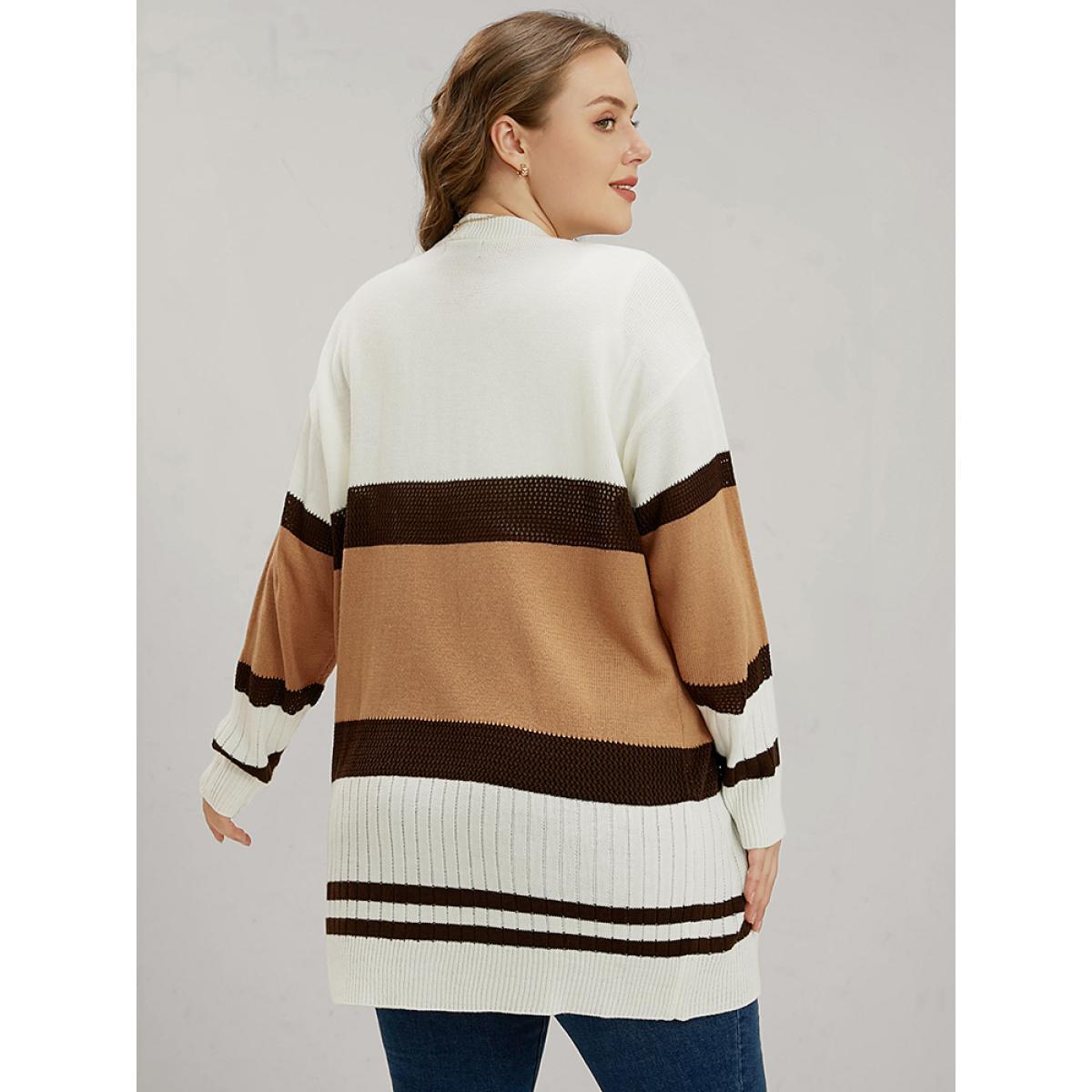 Plus Size Colorblock Contrast Pointelle Knit Eyelet Open Front Cardigan Multicolor Women Casual Loose Long Sleeve Dailywear Cardigans BloomChic 28/5X Product Image