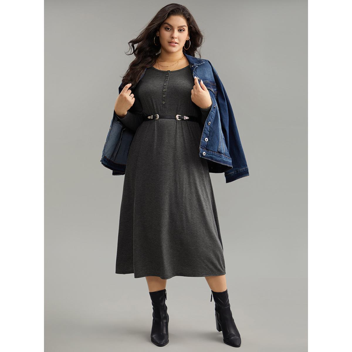 Plus Size Solid Button Up Pocket Dress DimGray Women Basics Non Round Neck Long Sleeve Curvy Midi Dress BloomChic 22-24/3X Product Image