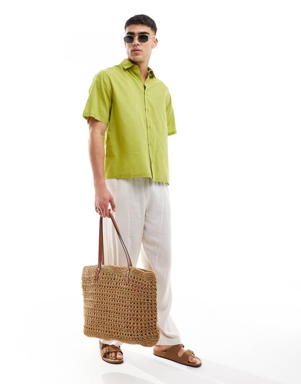 ASOS DESIGN relaxed linen look shirt in olive green Product Image