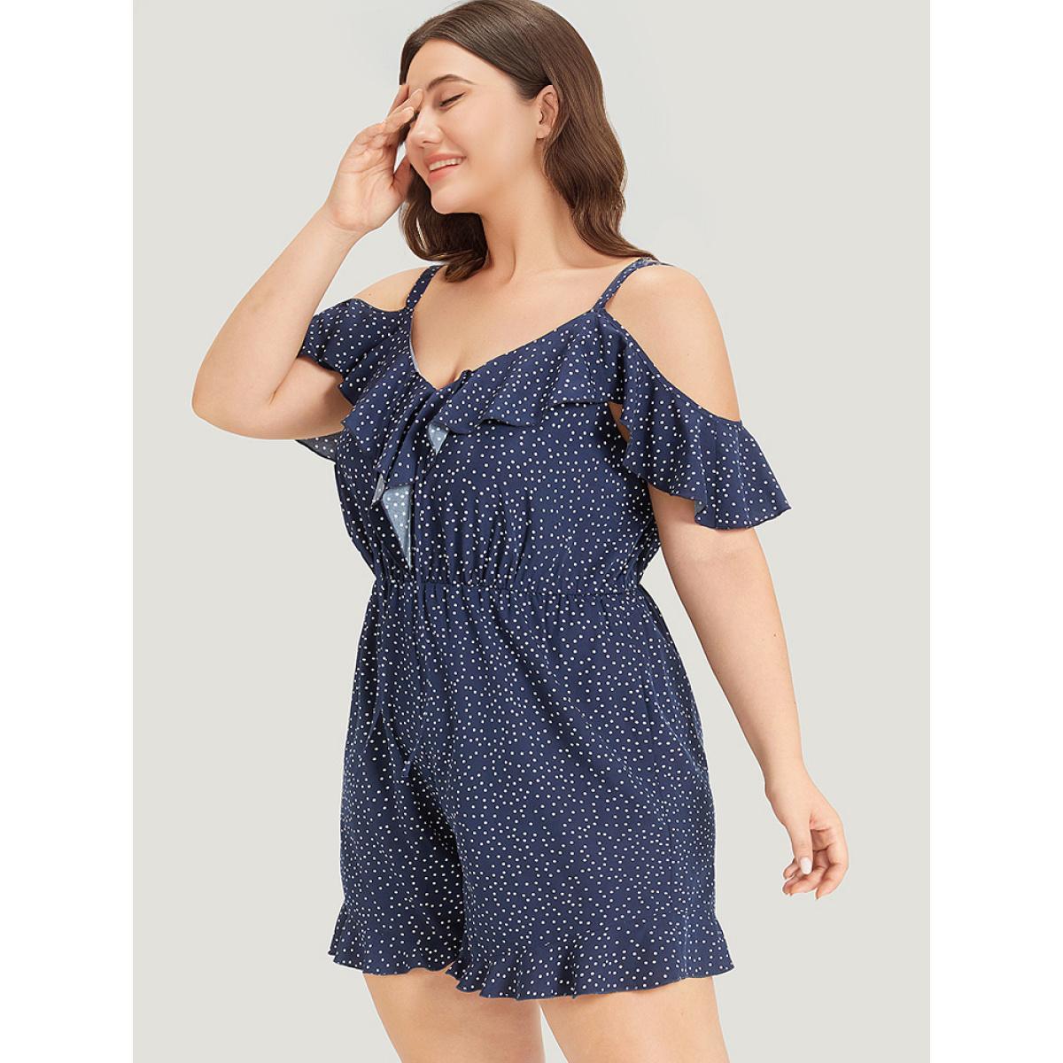Plus Size DarkBlue Polka Dot Ruffle Trim Tie Neck Cut Out Elastic Waist Jumpsuit Women Elegant Sleeveless Cold Shoulder Dailywear Loose Jumpsuits BloomChic 28/5X Product Image