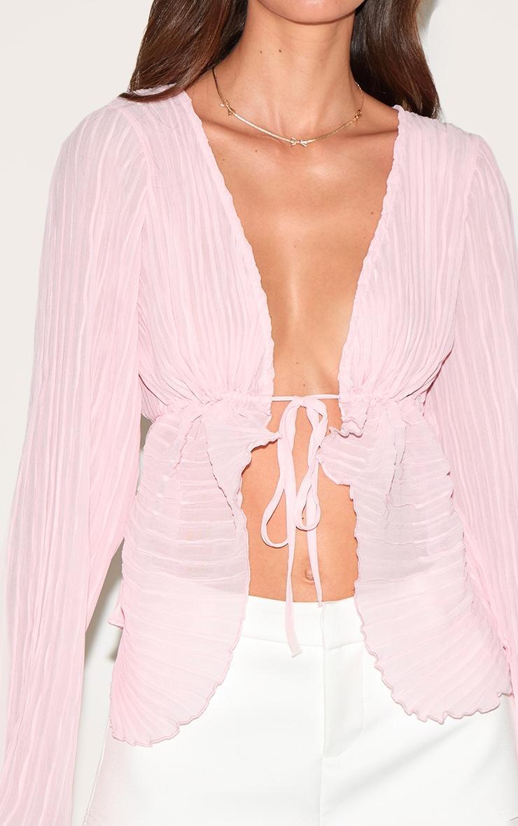 Pale Pink Sheer Plisse Tie Front Flute Sleeve Blouse Product Image