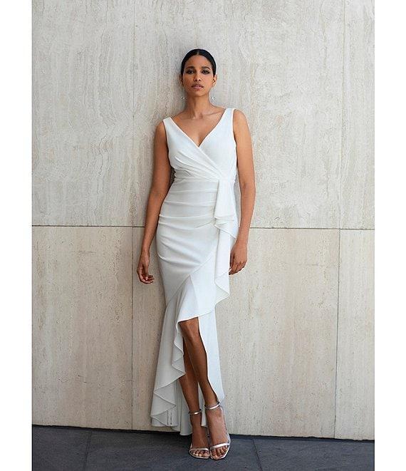 Betsy & Adam Sleeveless V-Neck Spiral Ruffle Cascade Gown Product Image