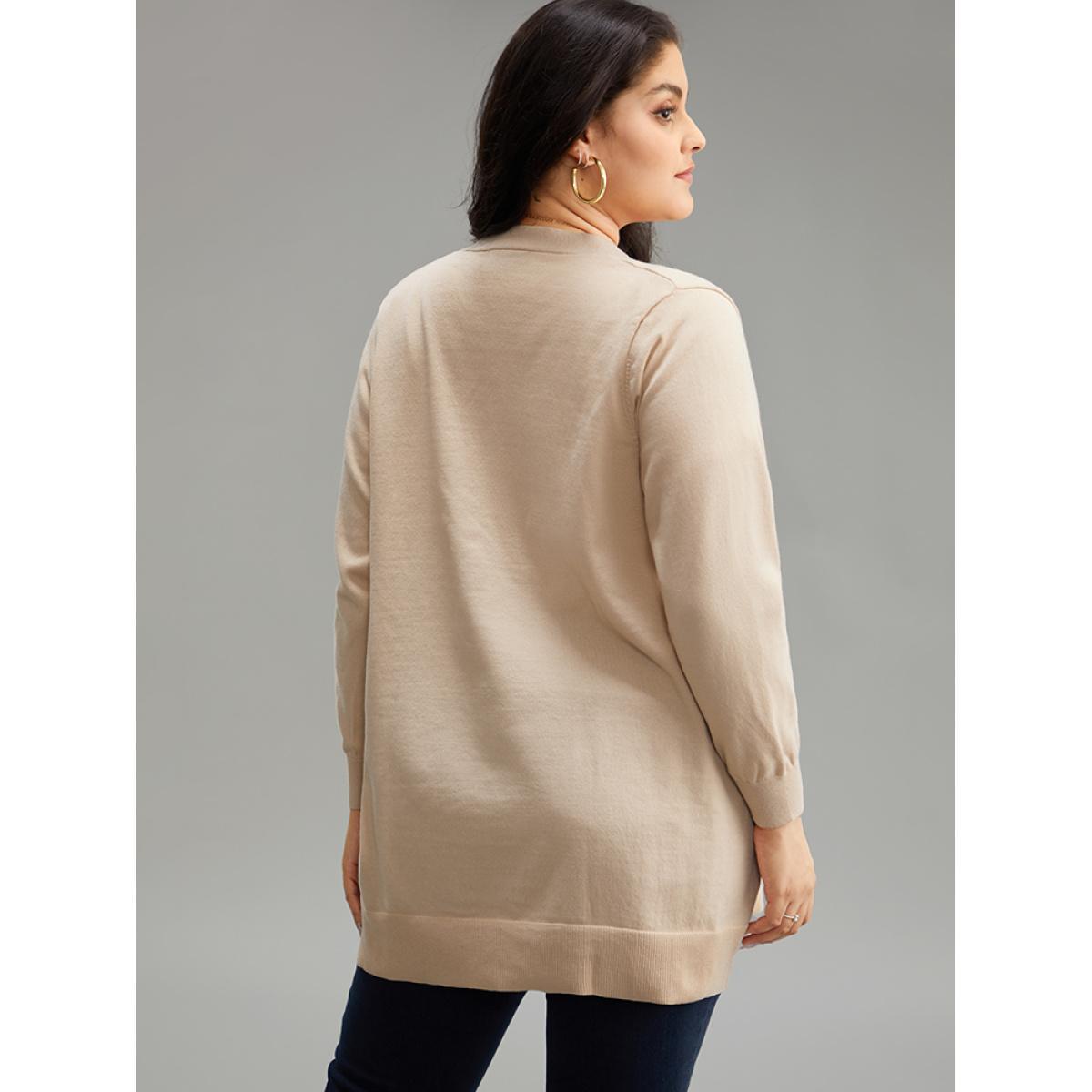 Plus Size Solid Elastic Cuffs Open Front Cardigan Champagne Women Casual Loose Long Sleeve Everyday Cardigans BloomChic 14-16/1X Product Image
