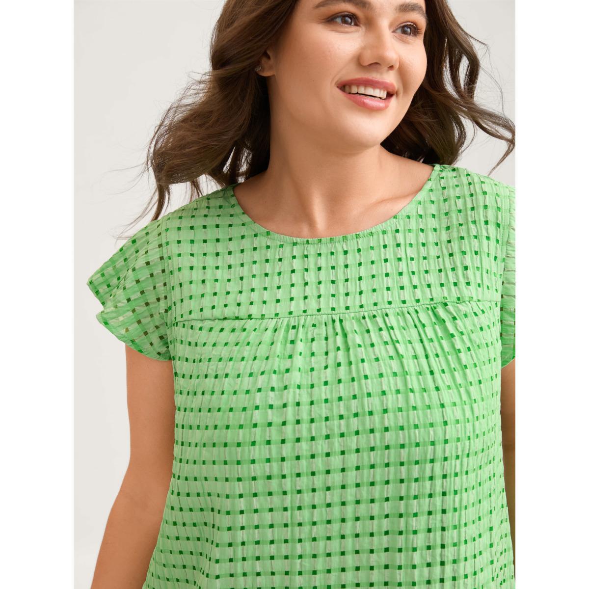 Plus Size SpringGreen Textured Sheer Lined Flutter Sleeve Blouse Women Cap Sleeve Round Neck Everyday-Casual Blouses BloomChic 18-20/2X Product Image