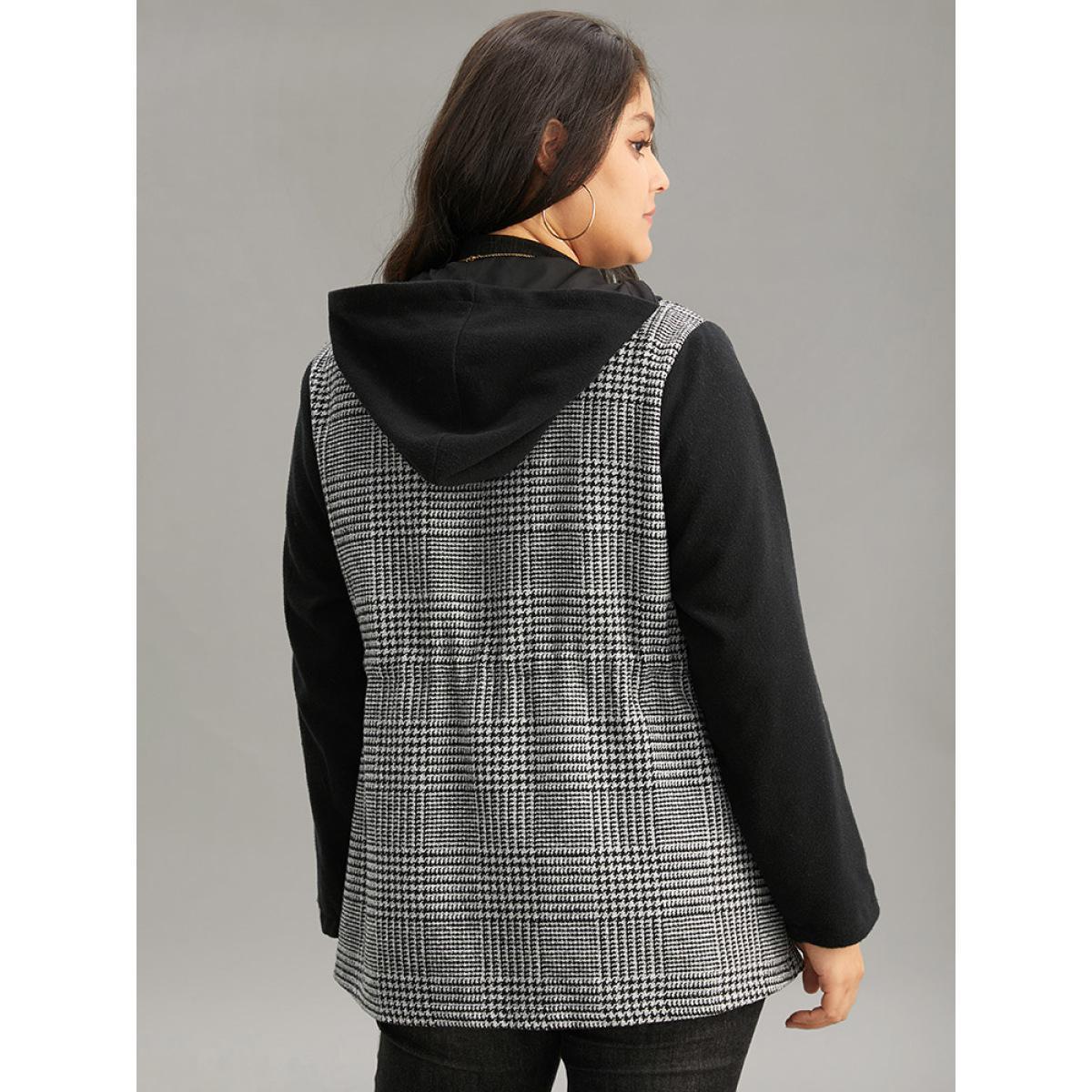 Plus Size Houndstooth Patchwork Zipper Drawstring Coat Women Gray Casual Lined Ladies Everyday Winter Coats BloomChic 12/L Product Image
