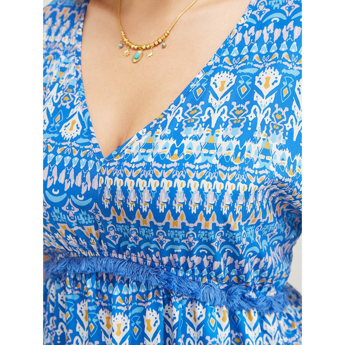 Plus Size Bandana Print Dolman Sleeve Knot Fringe Trim Split Dress Blue Women Vacation Tassels V-neck Short sleeve Curvy Midi Dress BloomChic 14-16/1X Product Image