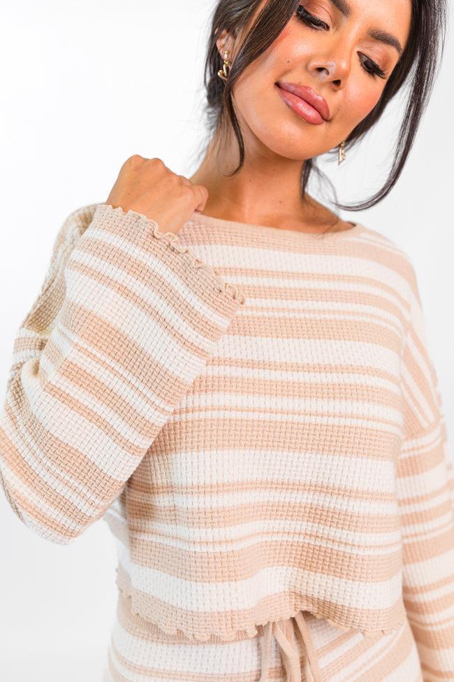 Take You There Taupe Striped Lettuce Hem Crop Top FINAL SALE Product Image