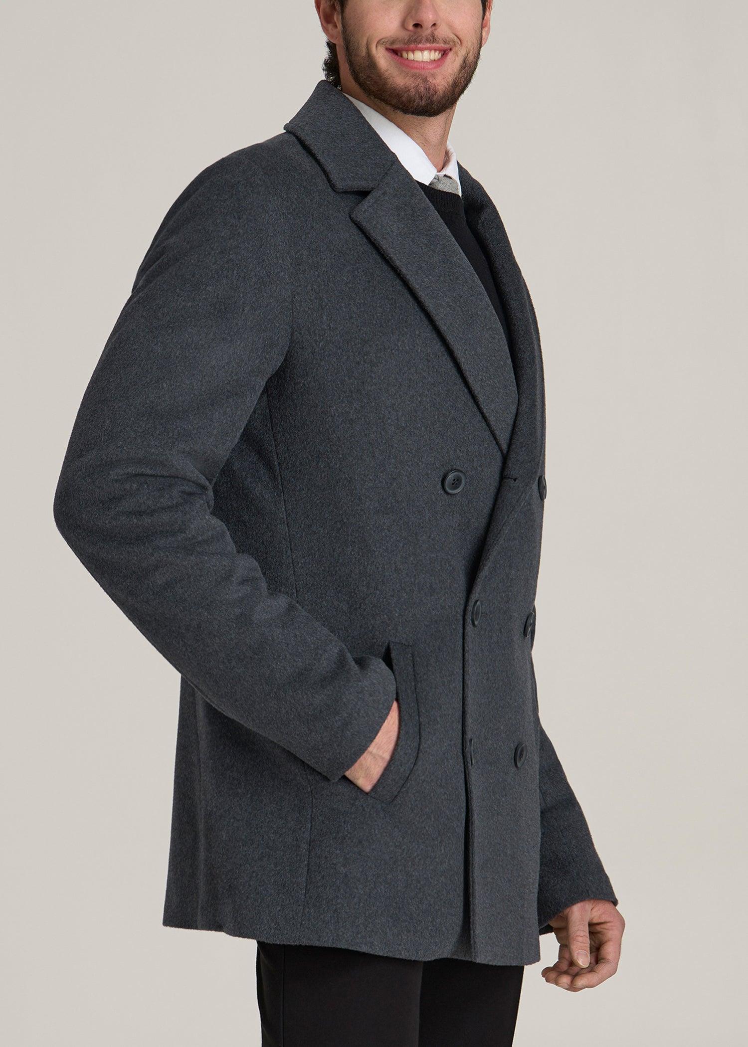 Double-Breasted Wool Peacoat for Tall Men in Dark Grey Mix Product Image