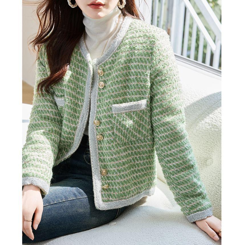 Round Neck Patterned Cropped Tweed Button Jacket Product Image
