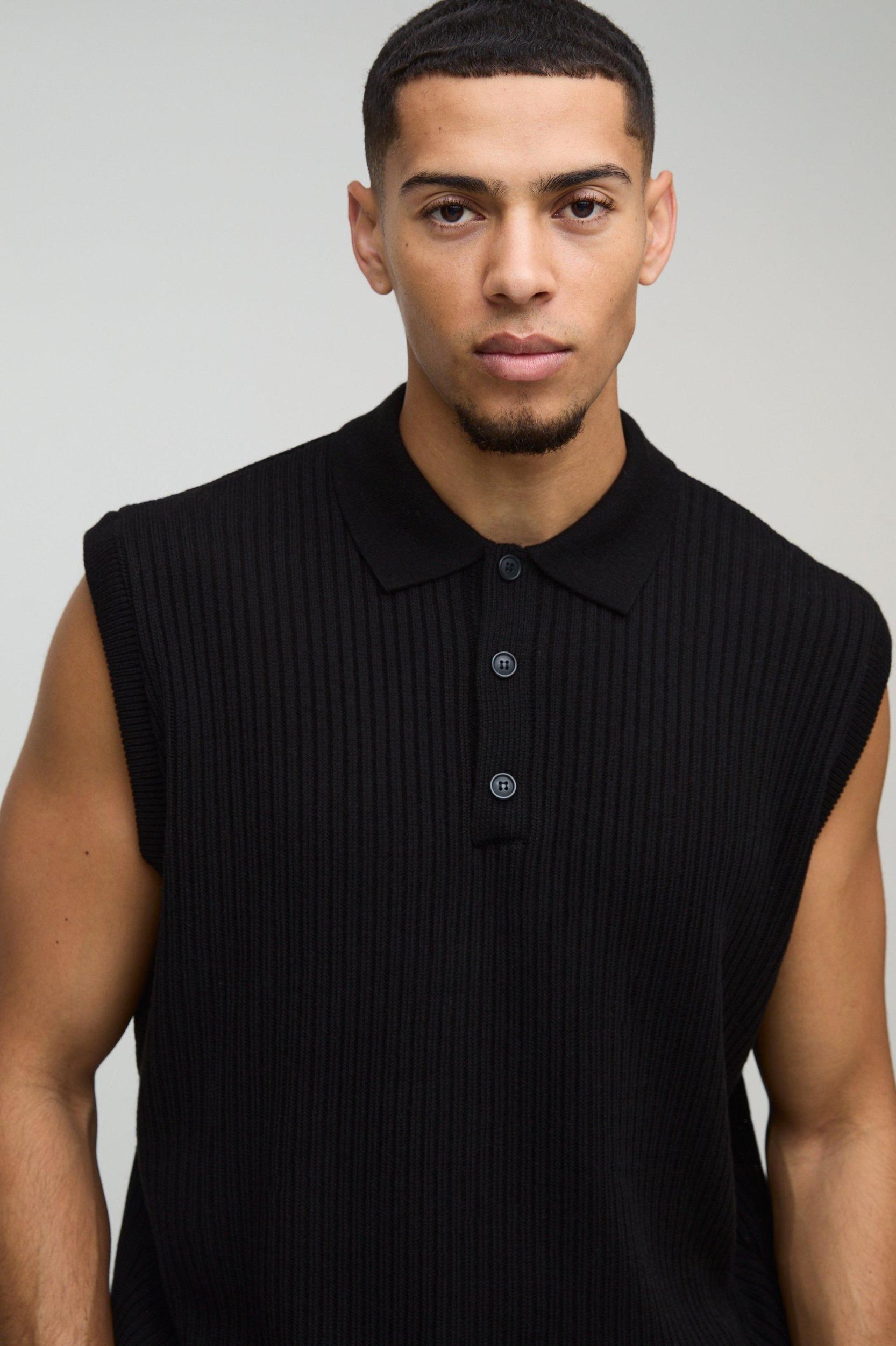 Oversized Boxy Collared Knitted Undershirt | boohooMAN USA Product Image