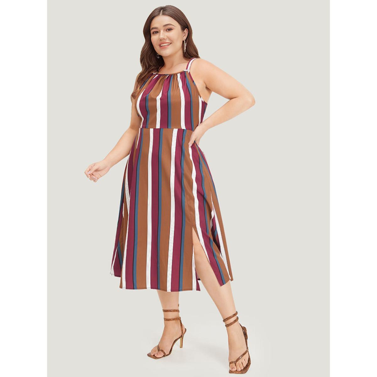 Plus Size Striped Bowknot Cut Out Split Hem Gathered Cami Dress Multicolor Women Elegant Knotted Spaghetti Strap Sleeveless Curvy Midi Dress BloomChic 14-16/1X Product Image