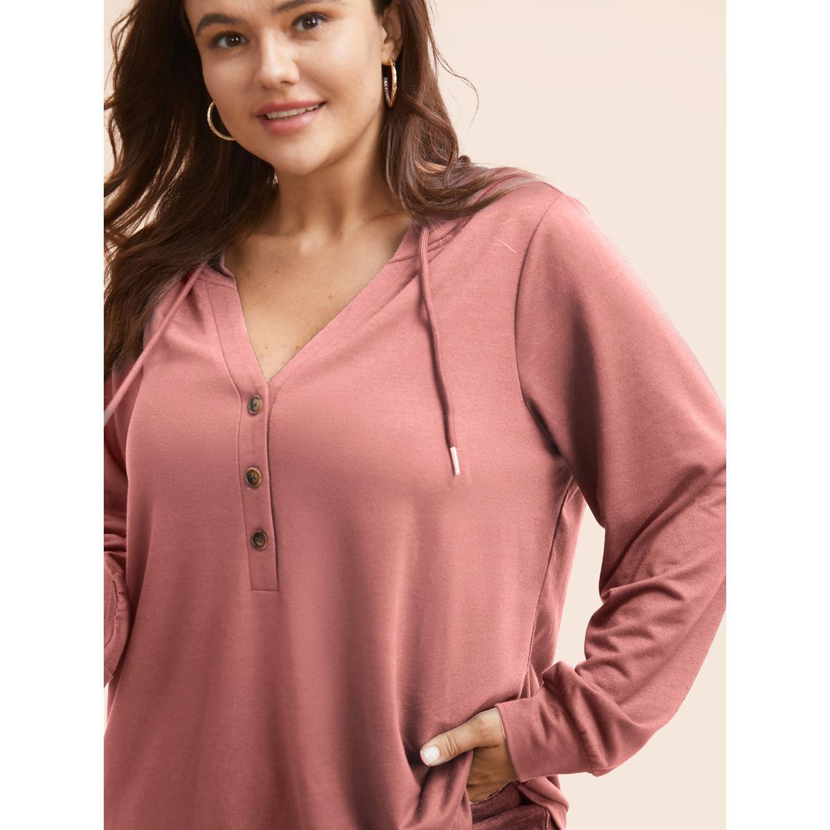 Plus Size Plain Button Up Drawstring Hooded Sweatshirt Women DustyPink Casual Elastic cuffs Hooded Dailywear Sweatshirts BloomChic 18-20/2X Product Image
