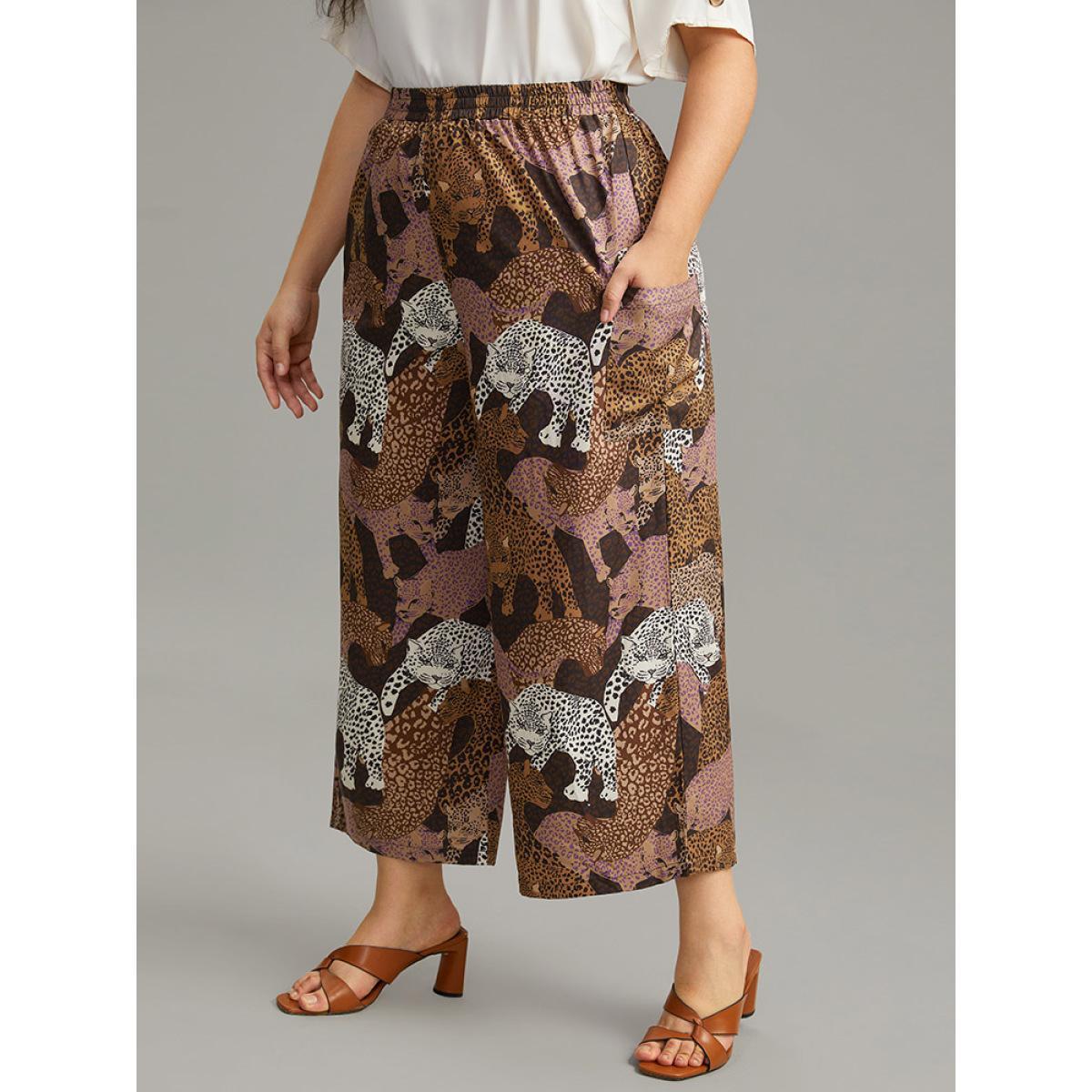 Plus Size Leopard Print Elastic Waist Straight Leg Pants Women Multicolor Casual Wide Leg High Rise Dailywear Pants BloomChic 28/5X Product Image