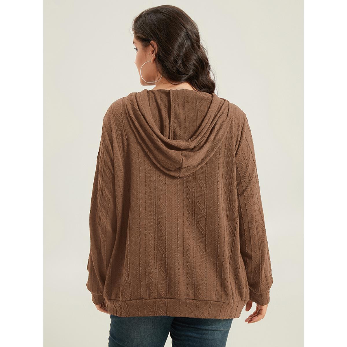 Plus Size Plain Textured Hooded Drawstring Sweatshirt Women DarkBrown Casual Elastic cuffs Hooded Everyday Sweatshirts BloomChic 28/5X Product Image
