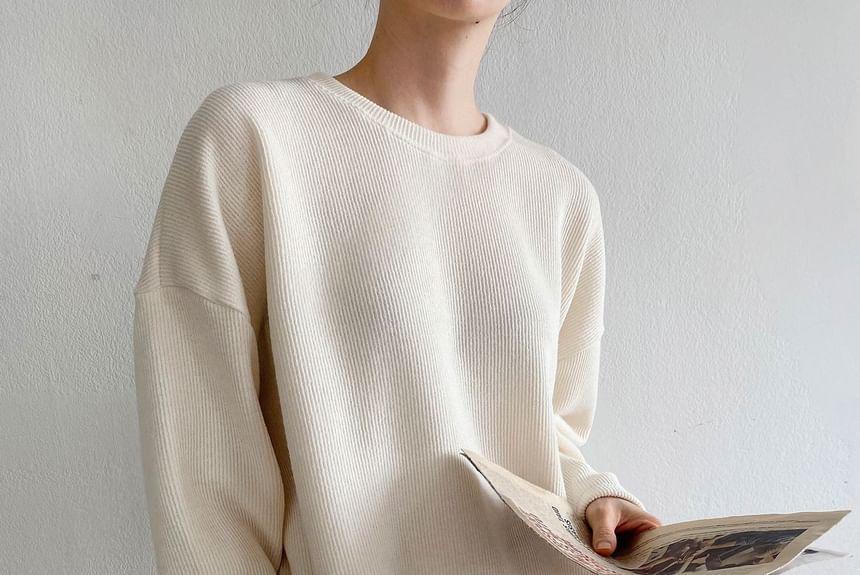 Set: Long-Sleeve Plain Loose-Fit Top + Elastic Waist Plain Pants Product Image