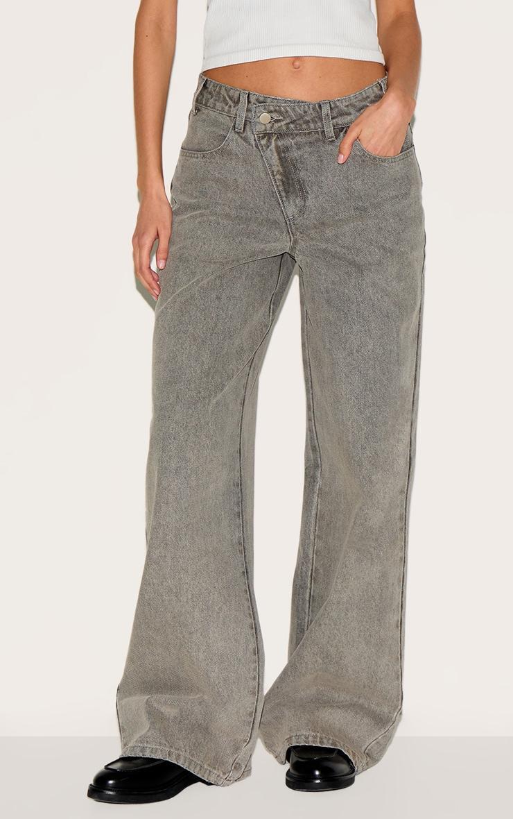 Grey Asymmetrical Waistband Wide Leg Jeans Product Image
