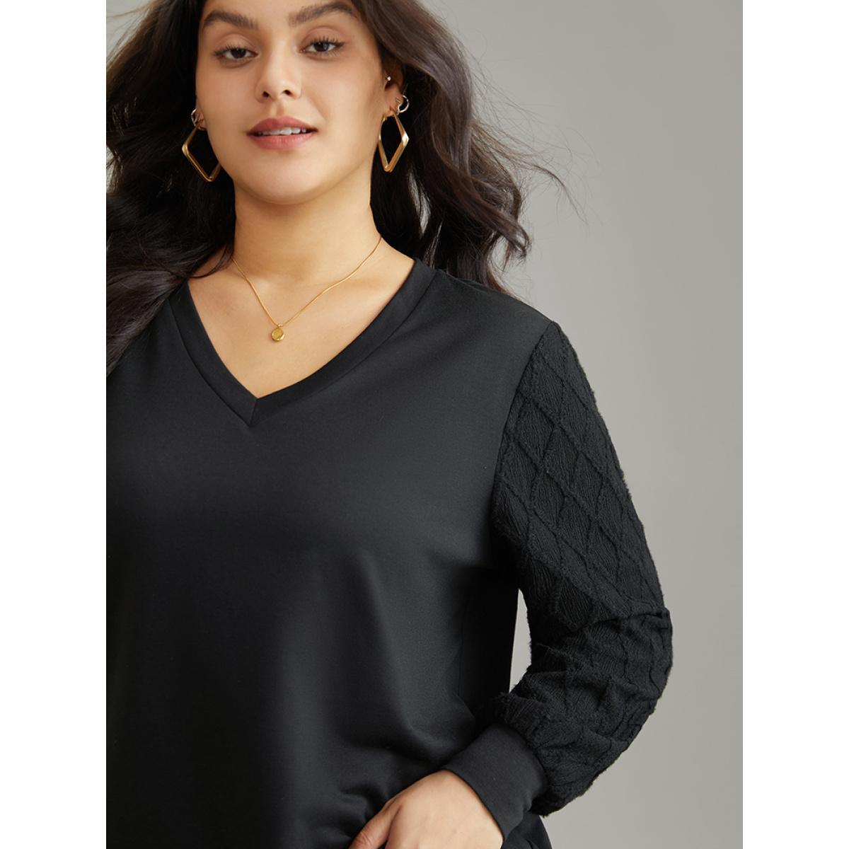 Plus Size Plain Textured Patchwork Jacquard Sweatshirt Women Black Casual Texture V-neck Dailywear Sweatshirts BloomChic 12/L Product Image