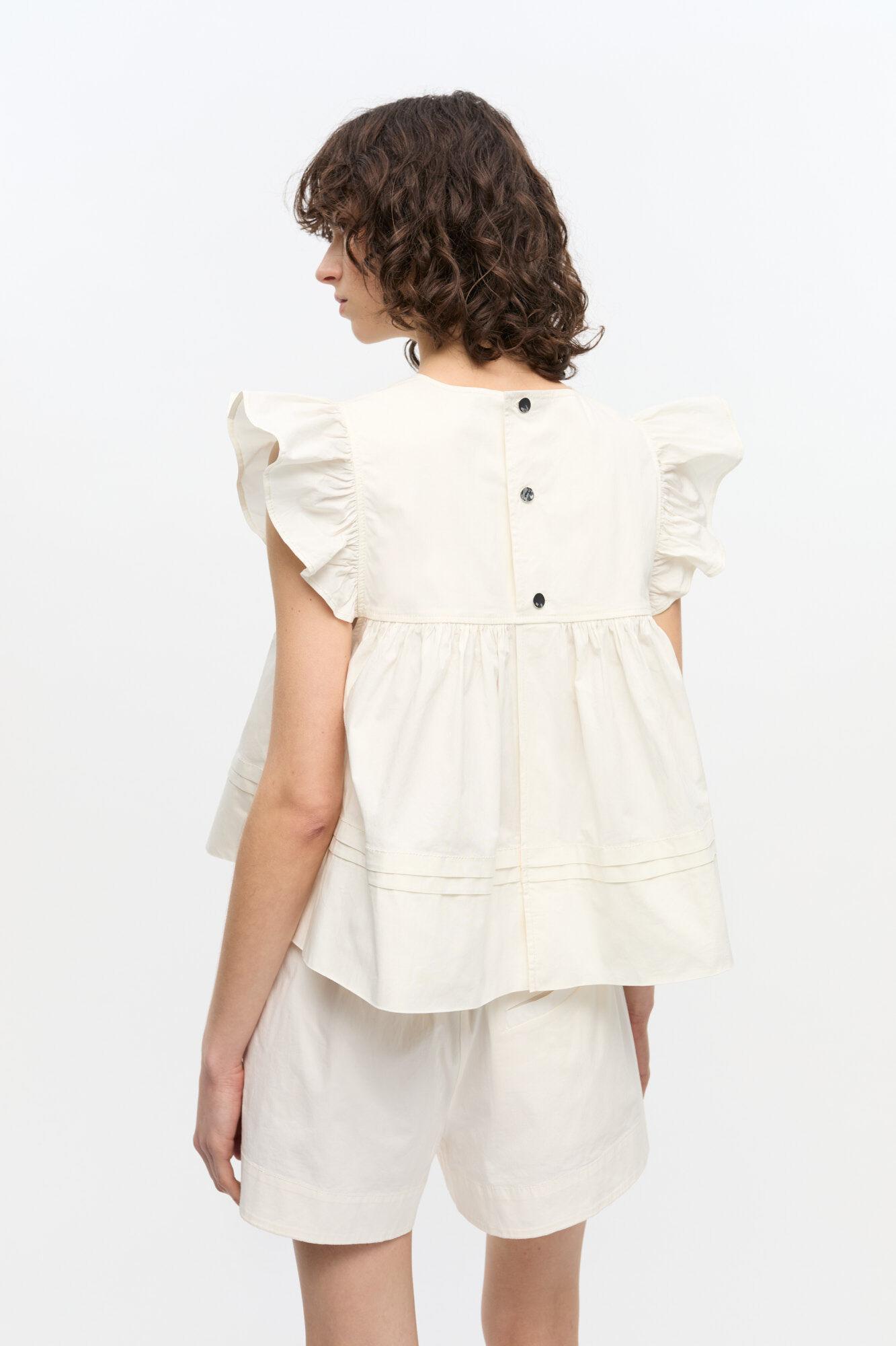 White Stretch Cotton Frill Sleeve Top Product Image