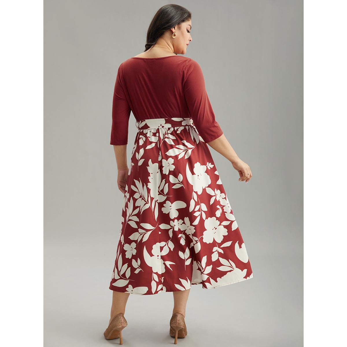 Plus Size Silhouette Floral Print Cowl Neck Belted Split Hem Dress Scarlet Women Office Gathered Cowl Neck Long Sleeve Curvy Midi Dress BloomChic 14-16/1X Product Image