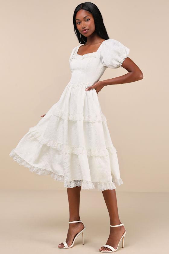 Gorgeously Romantic Ivory Lace Puff Sleeve Tiered Midi Dress Product Image