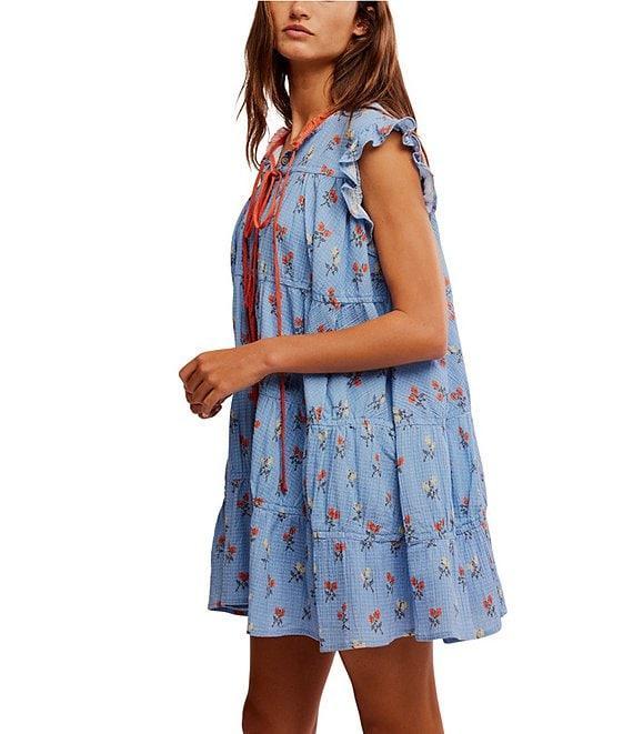 Free People Sundown Floral Print Split Neck Cap Sleeve Mini Dress Product Image