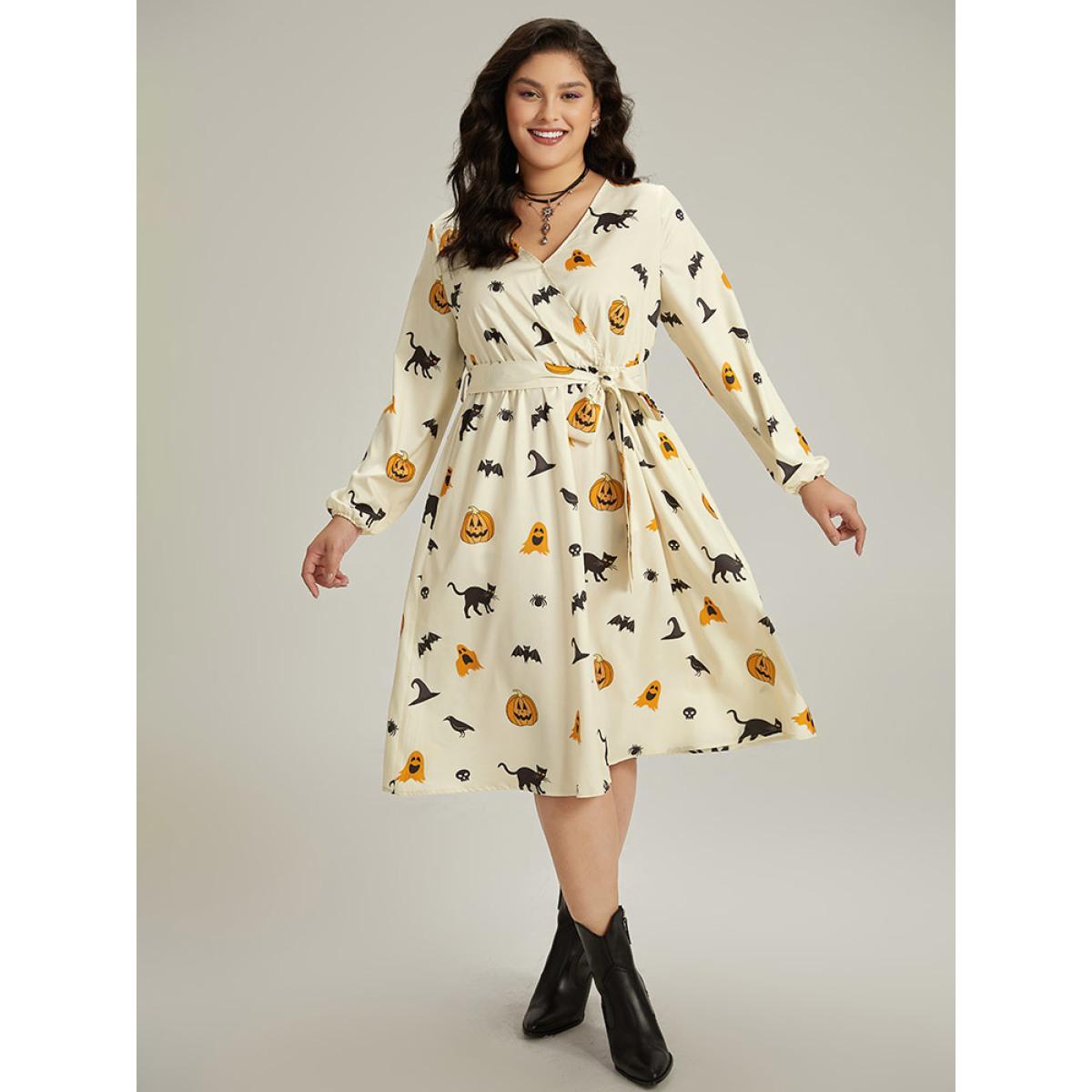 Plus Size Halloween Pumpkin & Bat Print Wrap Lantern Sleeve Dress Beige Women Office Elastic cuffs Overlap Collar Long Sleeve Curvy Midi Dress BloomChic 14-16/1X Product Image