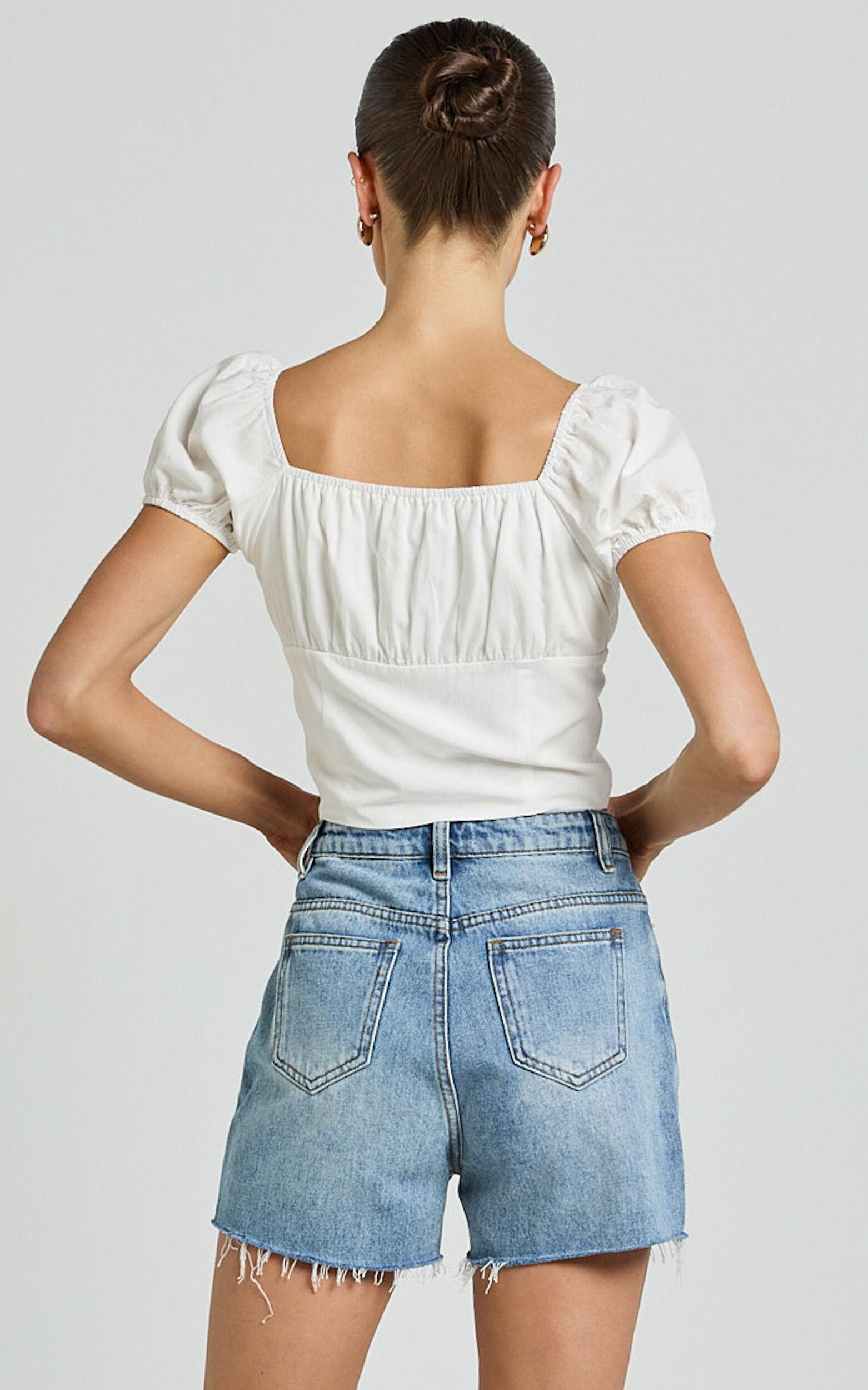 Valerie Top - Puff Sleeve Ruched Button Front Tie Hem Top in White Product Image
